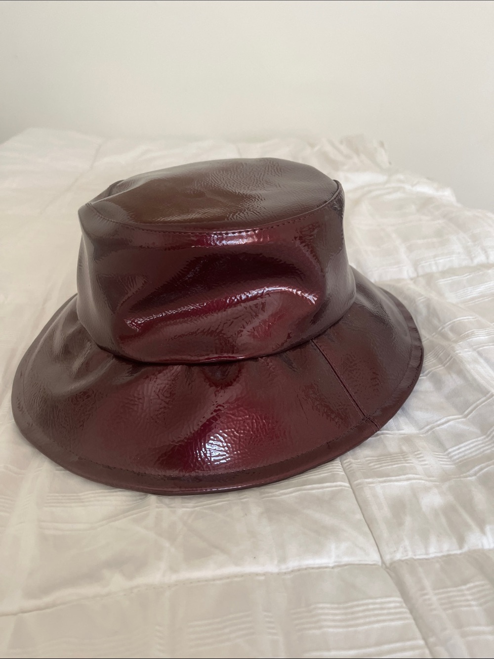 Vegan Patent Leather Bucket Hat in Deep Burgundy
